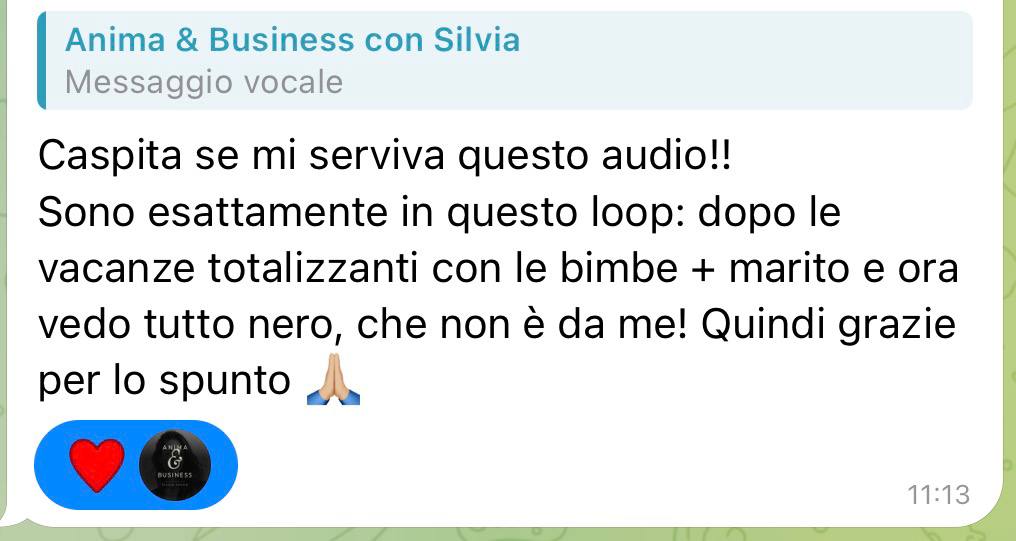 Messaggio di una partecipante al canale Telegram gratuito